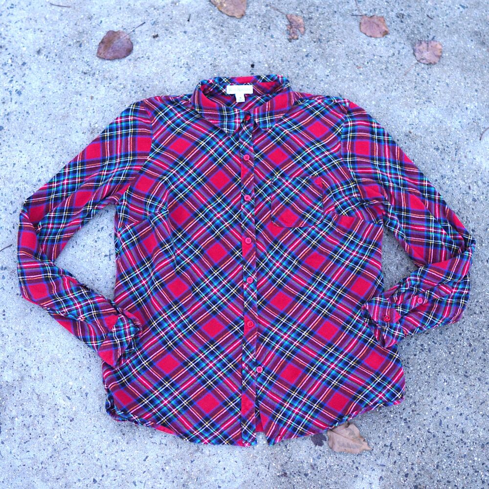 Kim Rogers Red Plaid Flannel Shirt Cotton Button Down Size M Cozy Cottagecore